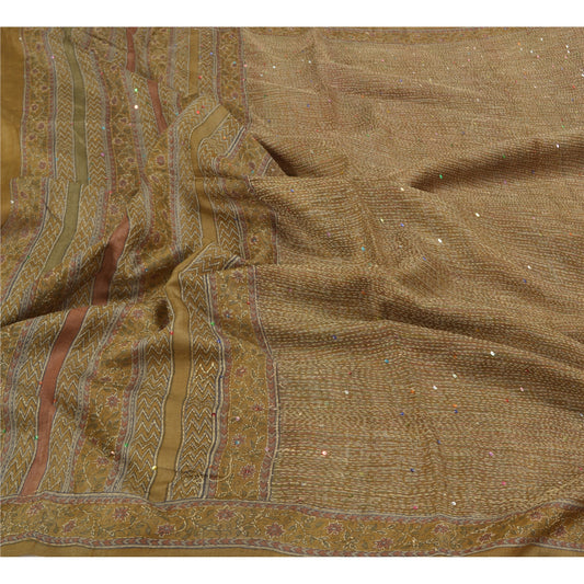 Sanskriti Vintage Green Heavy Dupatta Pure Silk Hand Beaded Kantha Stole Veil