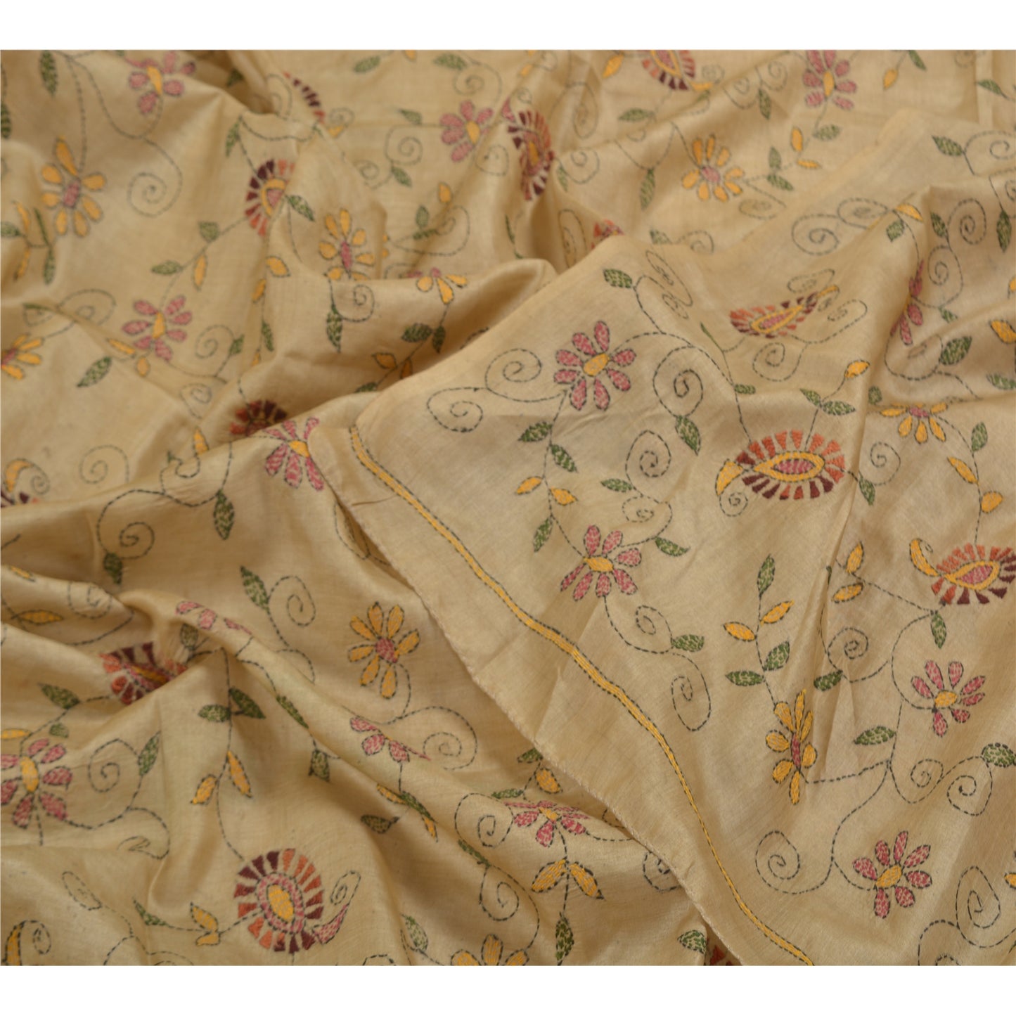 Sanskriti Vintage Ivory Heavy Dupatta Pure Silk Hand Embroidered Kantha Stole