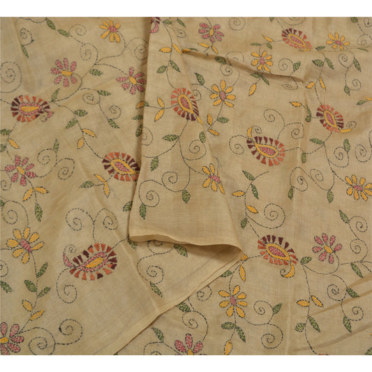Sanskriti Vintage Ivory Heavy Dupatta Pure Silk Hand Embroidered Kantha Stole