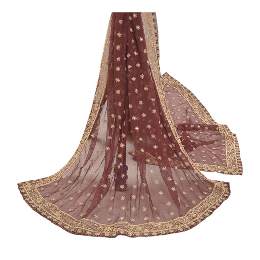 Sanskriti Vintage Heavy Dupatta Net Mesh Dark Red Hand Beaded Zardozi Work Stole