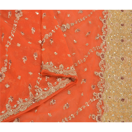 Sanskriti Vintage Heavy Dupatta Net Mesh Orange Hand Beaded Zardozi Work Stole