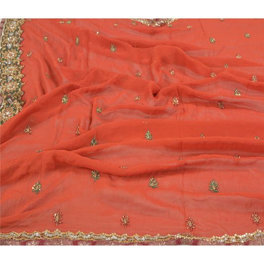 Sanskriti Vintage Heavy Dupatta Pure Georgette Silk Handmade Rusty Orange Stole