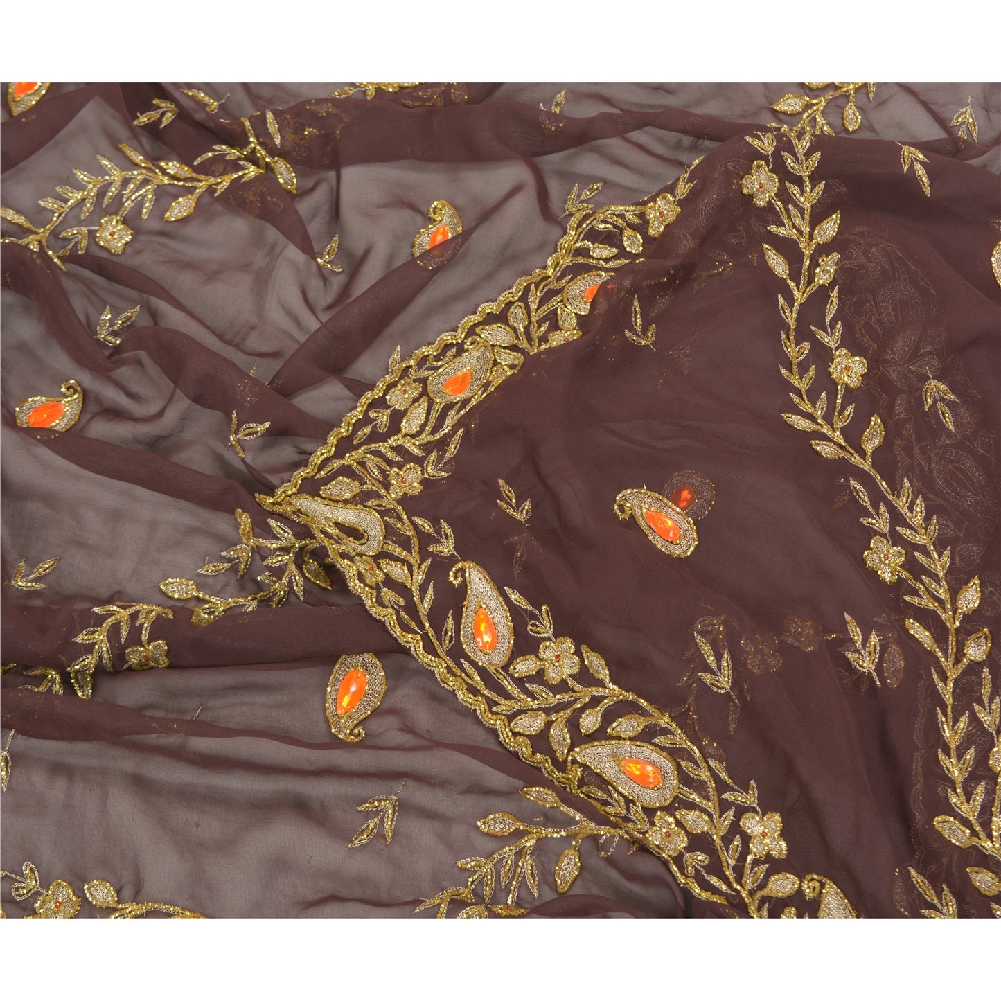 Sanskriti Vintage Heavy Dupatta 100% Pure Chiffon Silk Brown Hand Beaded Stole