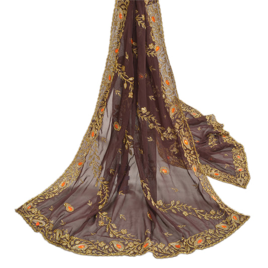 Sanskriti Vintage Heavy Dupatta 100% Pure Chiffon Silk Brown Hand Beaded Stole