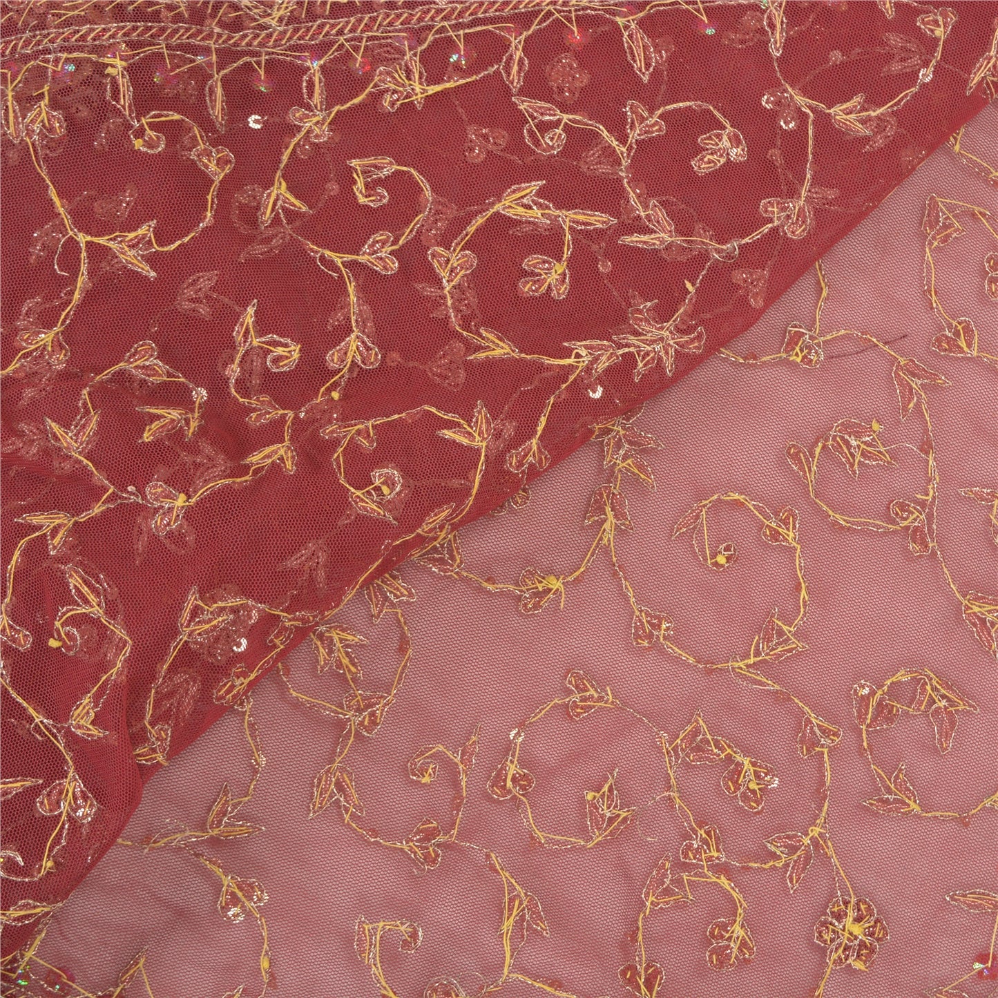 Sanskriti Vintage Heavy Dupatta Net Mesh Dark Red Hand Beaded Zardozi Stole