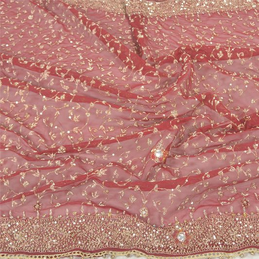 Sanskriti Vintage Heavy Dupatta Net Mesh Dark Red Hand Beaded Zardozi Stole