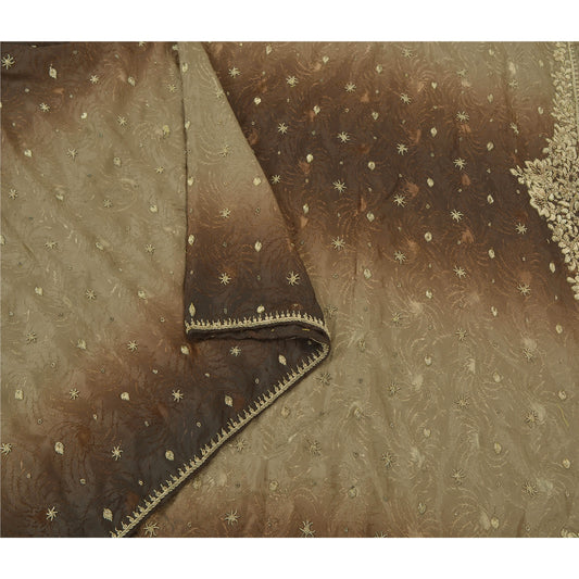 Sanskriti Vintage Heavy Dupatta 100% Pure Silk Brown Hand Beaded Woven Stole