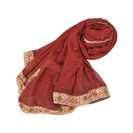 Sanskriti Vintage Heavy Dupatta Dark Red Georgette Hand Beaded Zardozi Stole