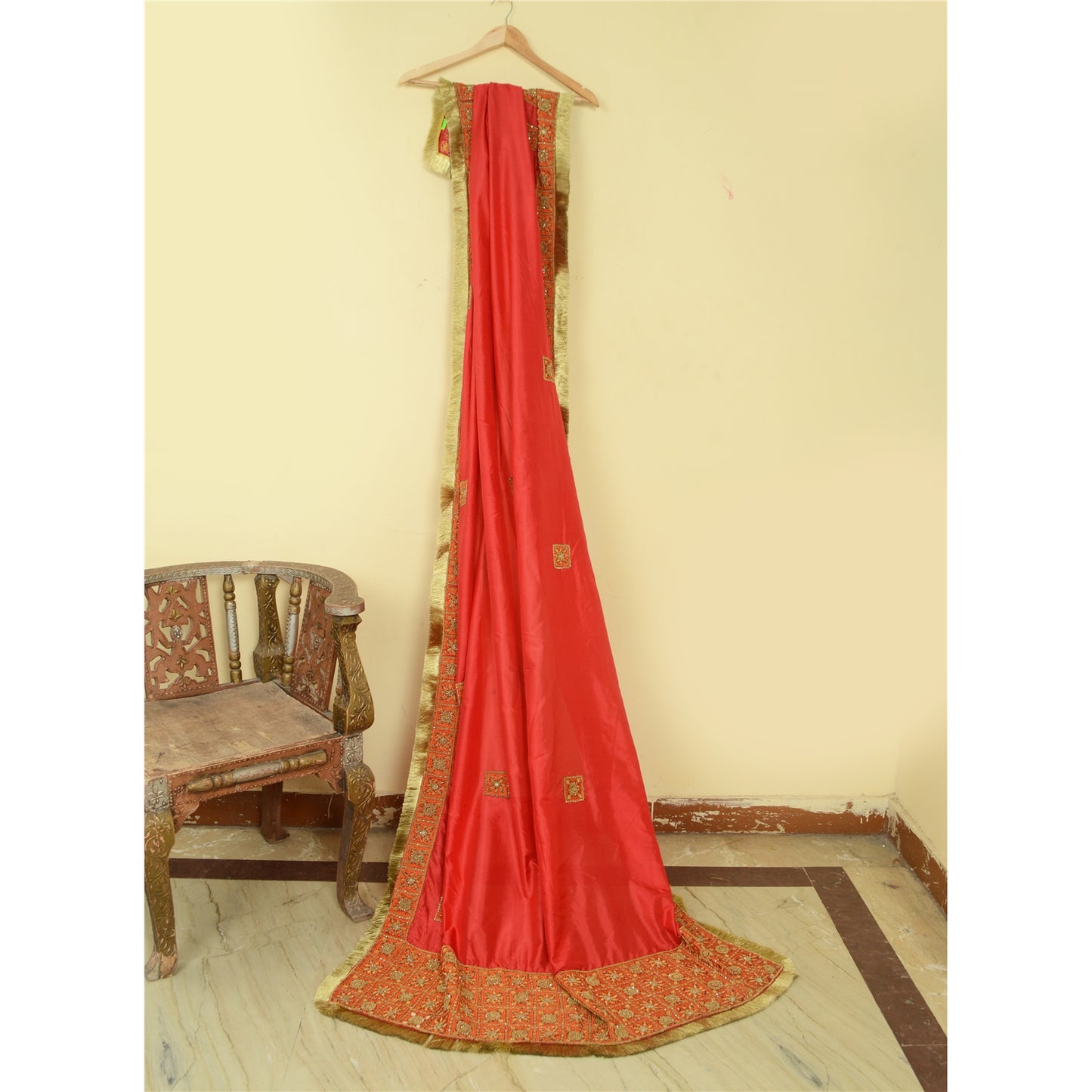 Sanskriti Vintage Red Heavy Wedding Dupatta 100% Pure Silk Hand Beaded Stole
