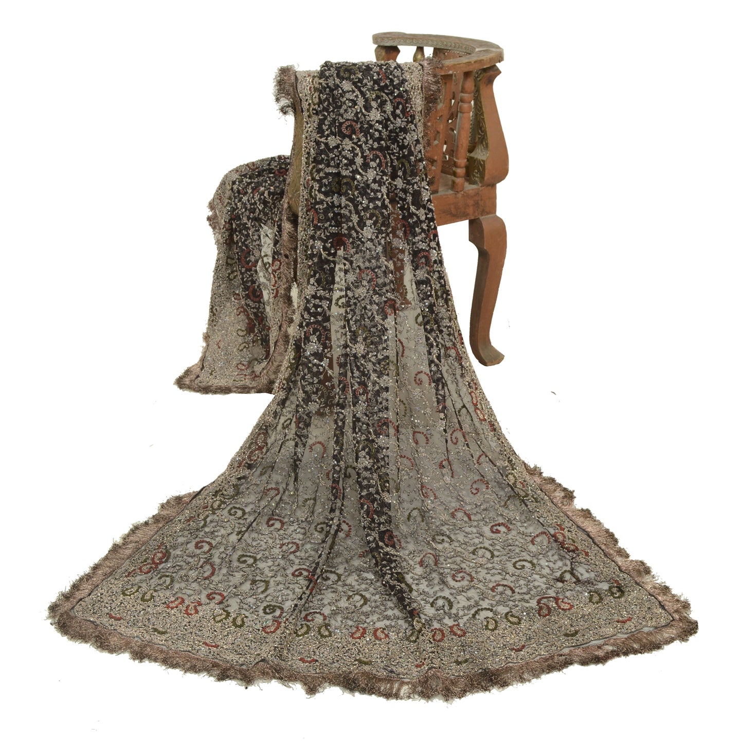 Sanskriti Vintage Heavy Dupatta Net Mesh Black Hand Beaded Zardozi Party Stole