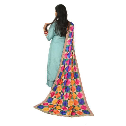 Sanskriti Vintage Heavy Dupatta Art Silk Embroidered Bagh Phulkari OOAK Stole