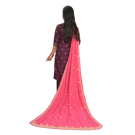 Sanskriti Vintage Hot Pink Dupatta 100% Pure Crepe Silk Hand Beaded Wrap Stole