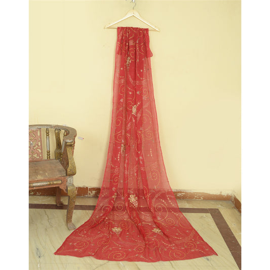 Sanskriti Vintage Long Dark Red Dupatta/Stole Pure Chiffon Silk Hand Beaded Veil