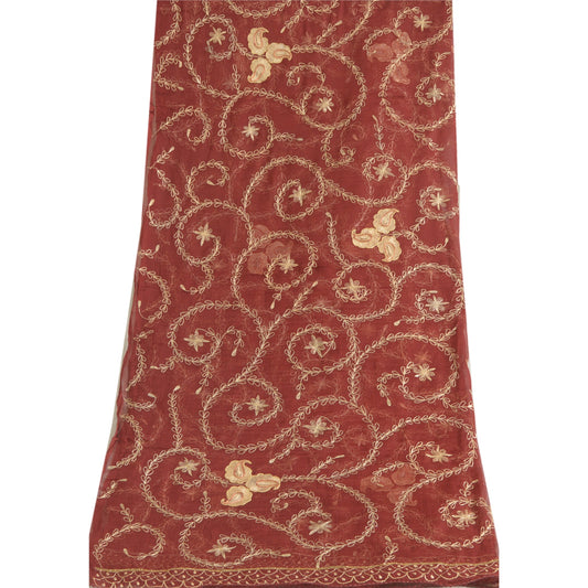 Sanskriti Vintage Dark Red Dupatta Pure Chiffon Silk Hand Beaded Party Stole