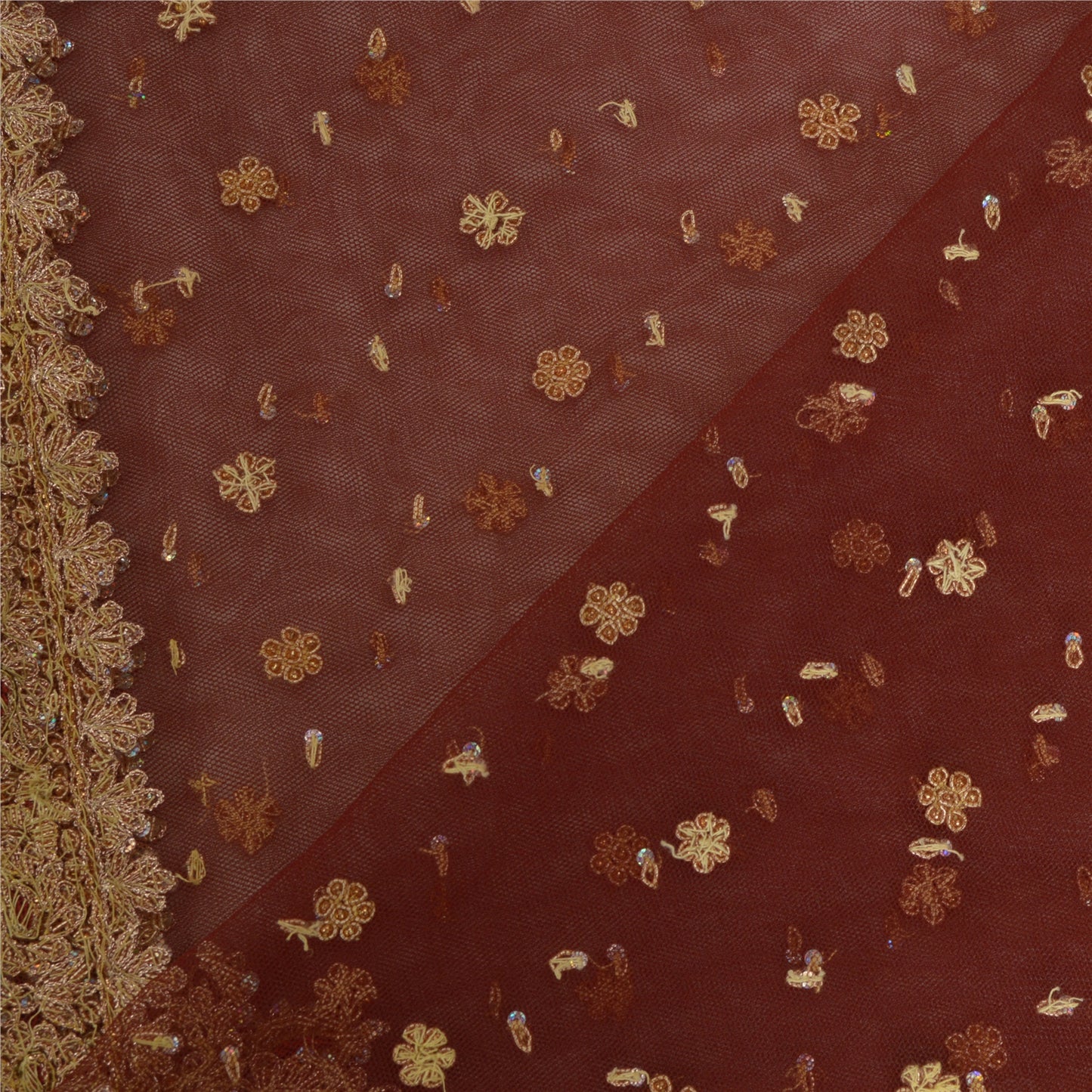 Sanskriti Vintage Dark Red Long Dupatta Stole Net Mesh Veil Hand Beaded Scarves