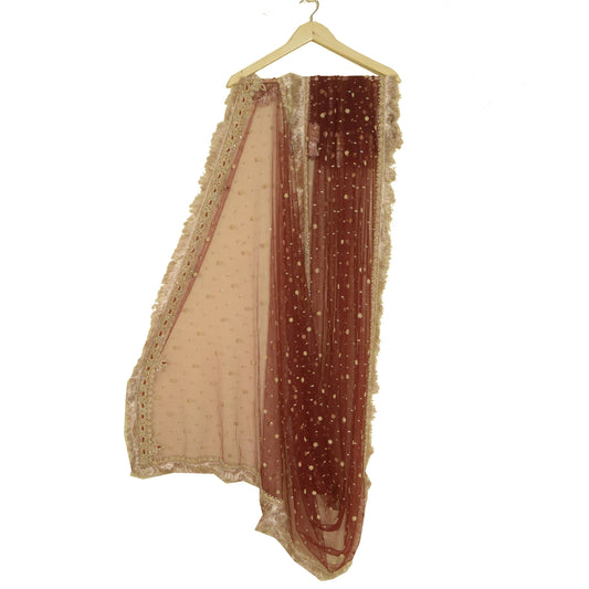 Sanskriti Vintage Dark Red Long Dupatta Stole Net Mesh Veil Hand Beaded Scarves