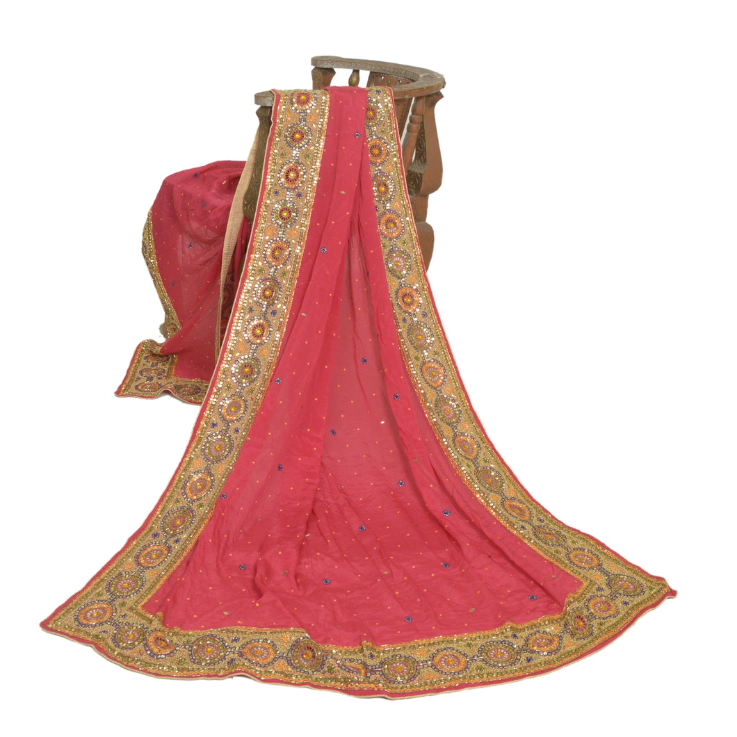 Sanskriti Vintage Long Dupatta Stole Pure Silk Pink Hand Beaded Wrap Scarves