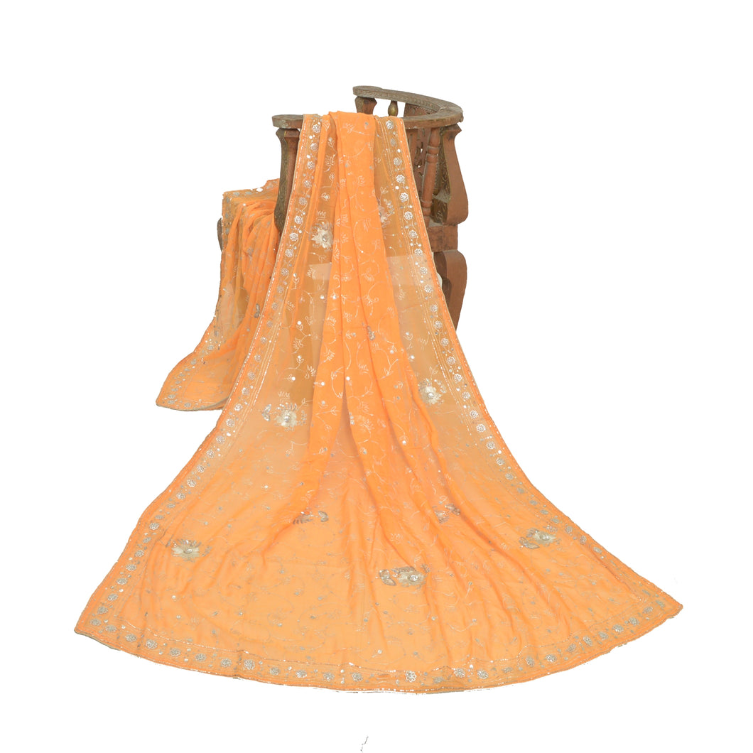 Sanskriti Vintage Long Orange Dupatta/Stole Pure Georgette Silk Hand Beaded Veil