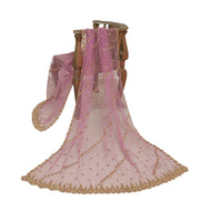Sanskriti Vintage Long Dupatta Net Mesh Pink Hand Beaded Zardozi Wrap Stole