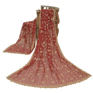 Sanskriti Vintage Dark Red Long Dupatta Stole Net Mesh Veil Hand Beaded Scarves