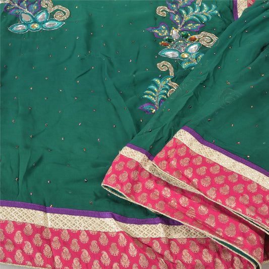 Sanskriti Vintage Green Heavy Sarees Blend Georgette Sari Hand Beaded Sustainable Fabric