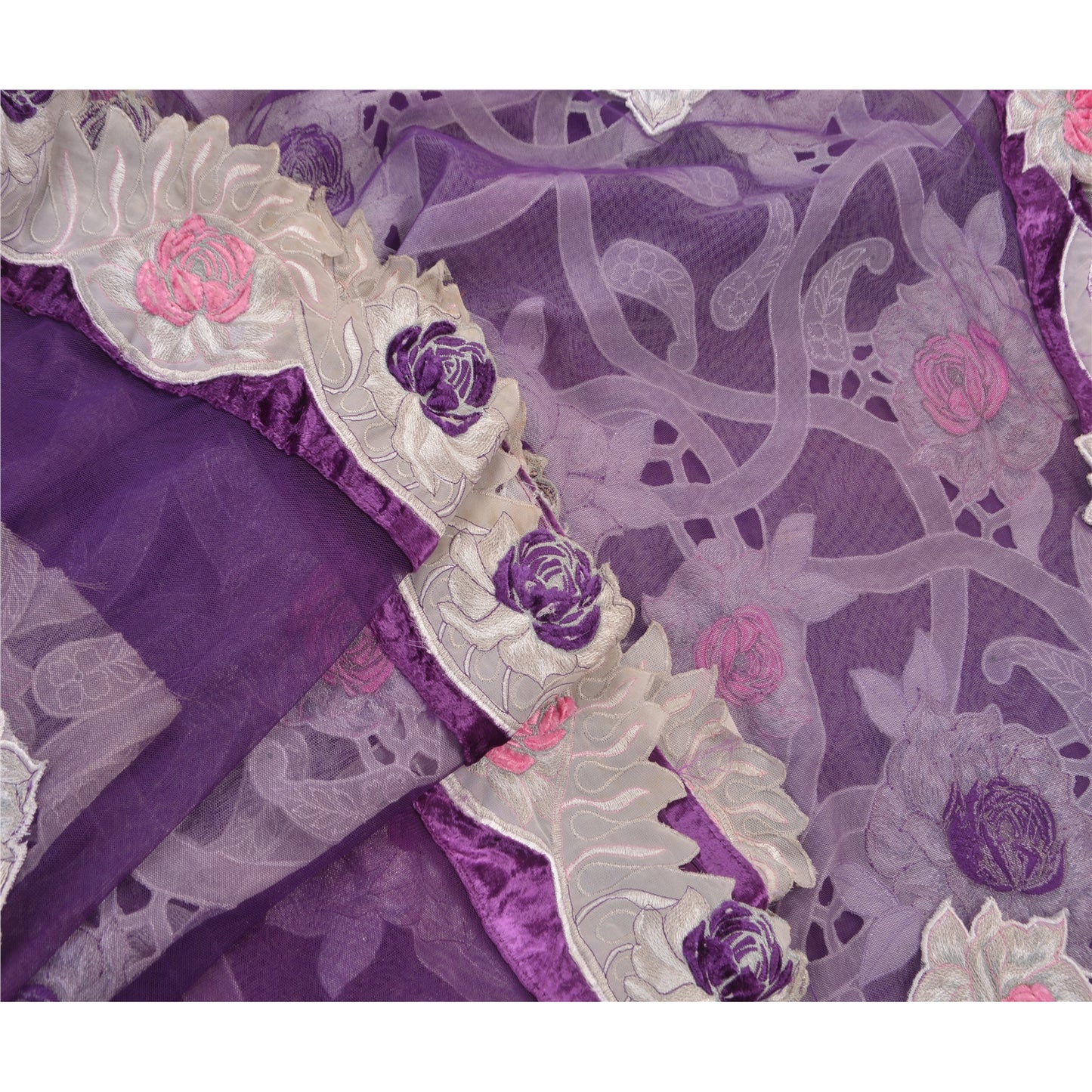 Sanskriti Vintage Hand Beaded Heavy Saree Net Indian Purple Applique Work Sari
