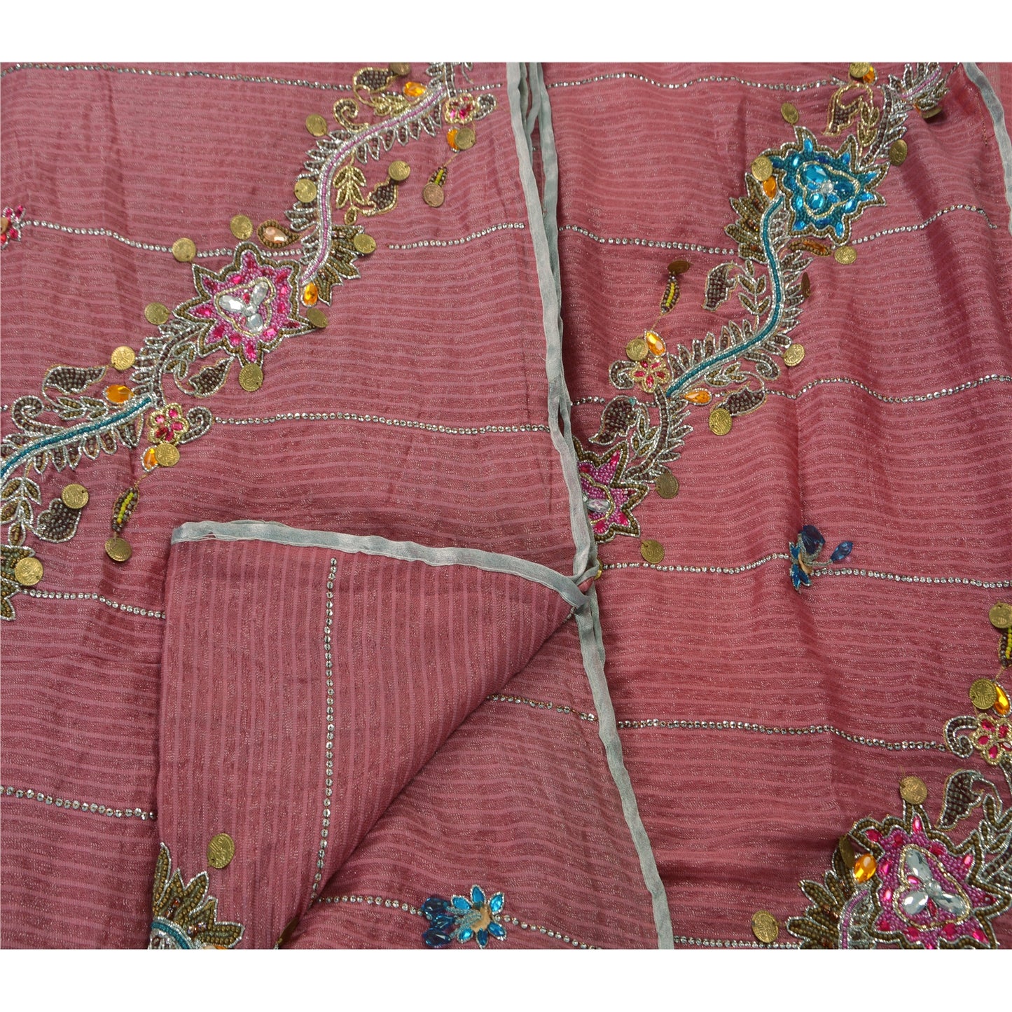 Sanskriti Vintage Hand Beaded Heavy Saree Blend Georgette Pink Woven Sari