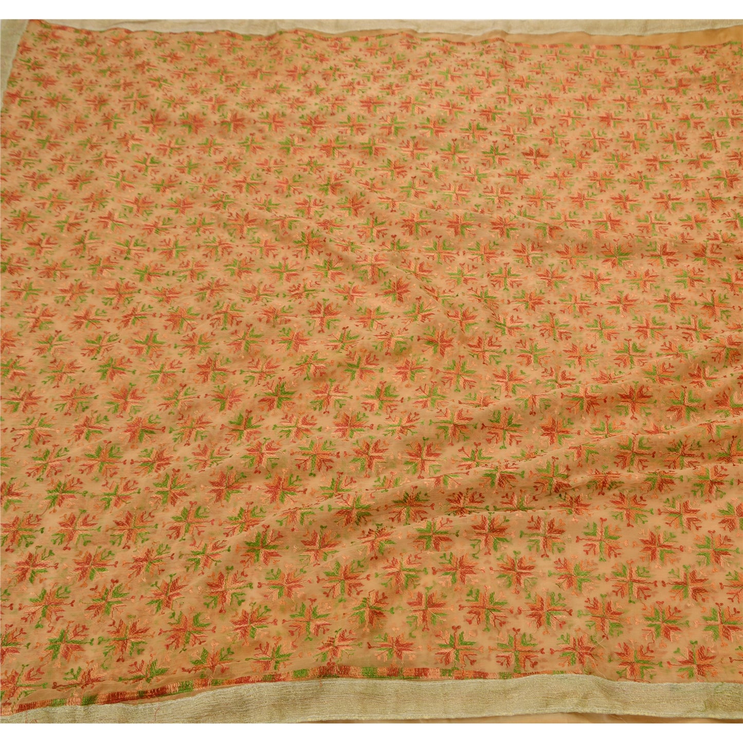 Sanskriti Vintage Sari broderet chiffon silke bæredygtigt stof Saree Bagh Phulkari Peach