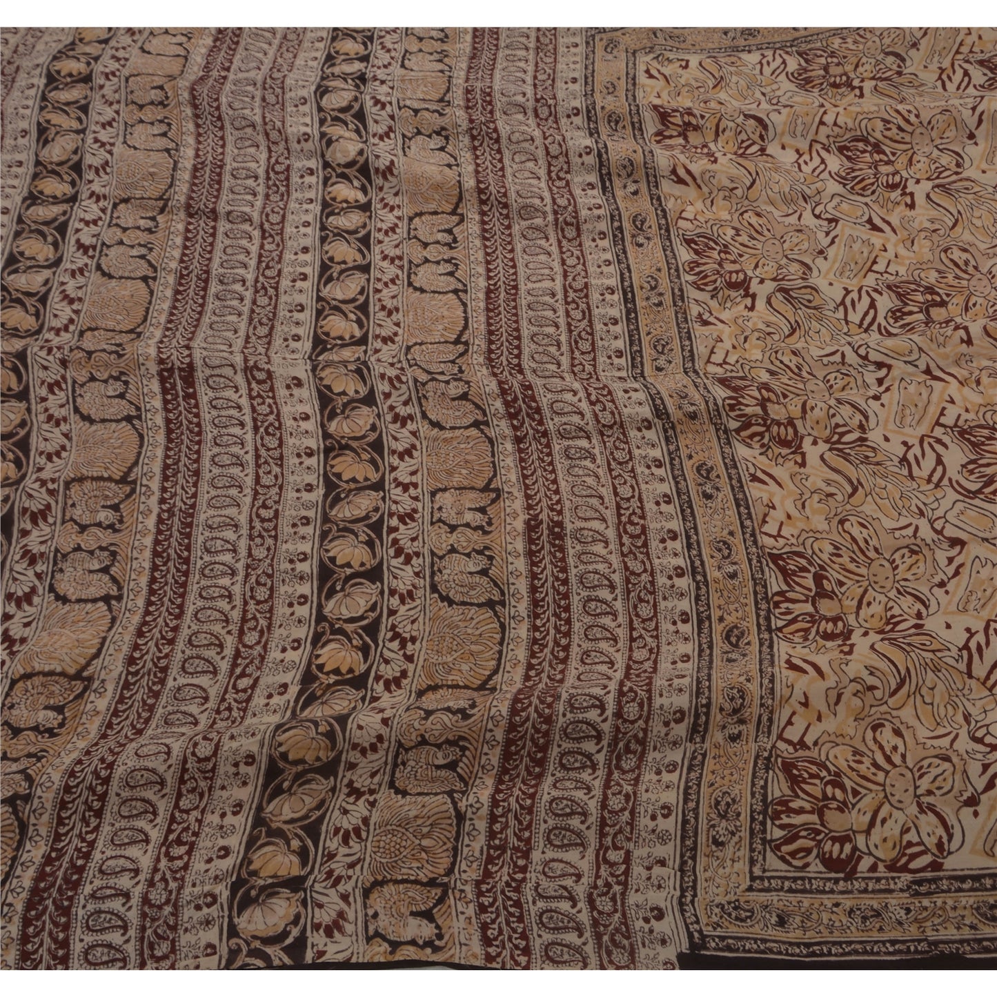 Sanskriti Vintage Kalamkari Print Heavy Saree 100% Pure Cotton Cream Sari