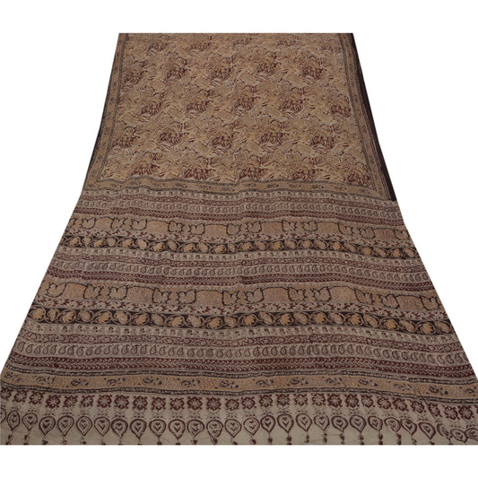 Sanskriti Vintage Kalamkari Print Heavy Saree 100% Pure Cotton Cream Sari