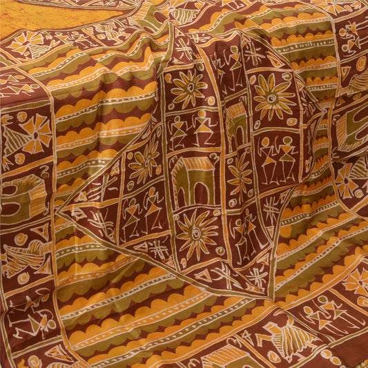 Sanskriti Vintage Yellow Batik Work Heavy Sarees 100% Pure Silk Warli Art Sari