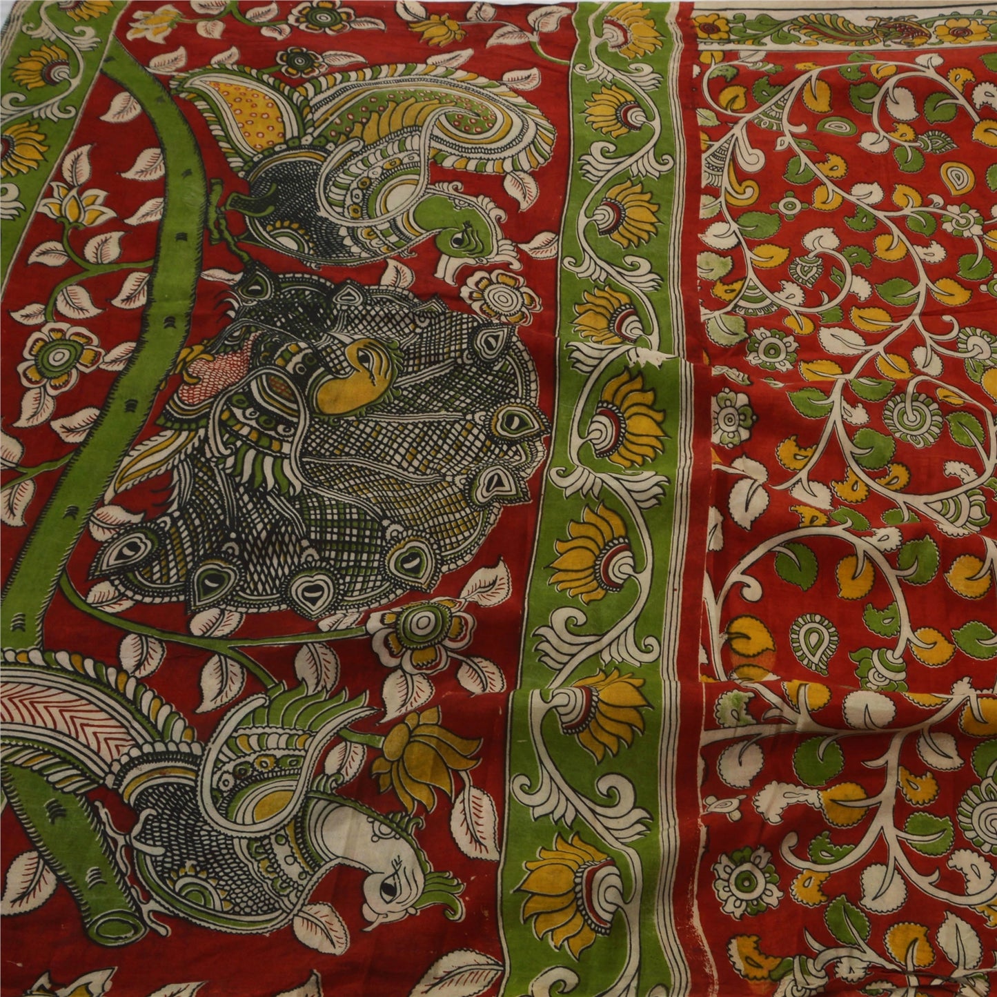 Sanskriti Vintage Dark Red Heavy Saree Block Pirnt Kalamkari Pure Cotton Sari