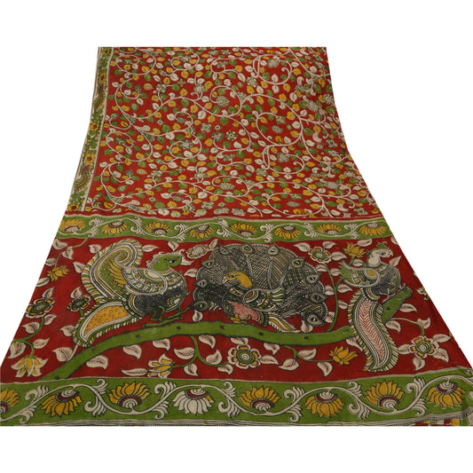 Sanskriti Vintage Dark Red Heavy Saree Block Pirnt Kalamkari Pure Cotton Sari