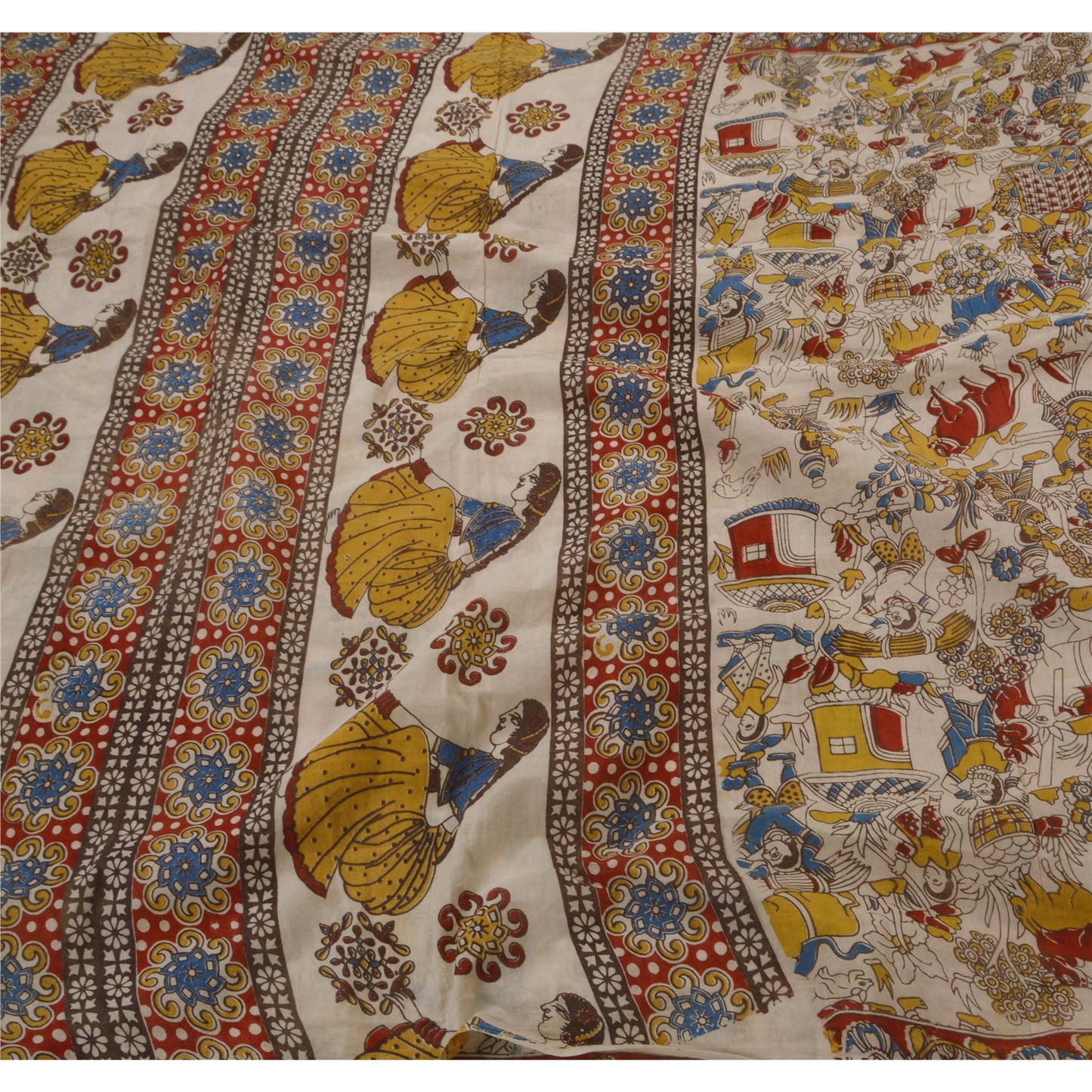 Sanskriti Vintage Cream Heavy Saree 100% Pure Cotton Patachitra Printed Sari