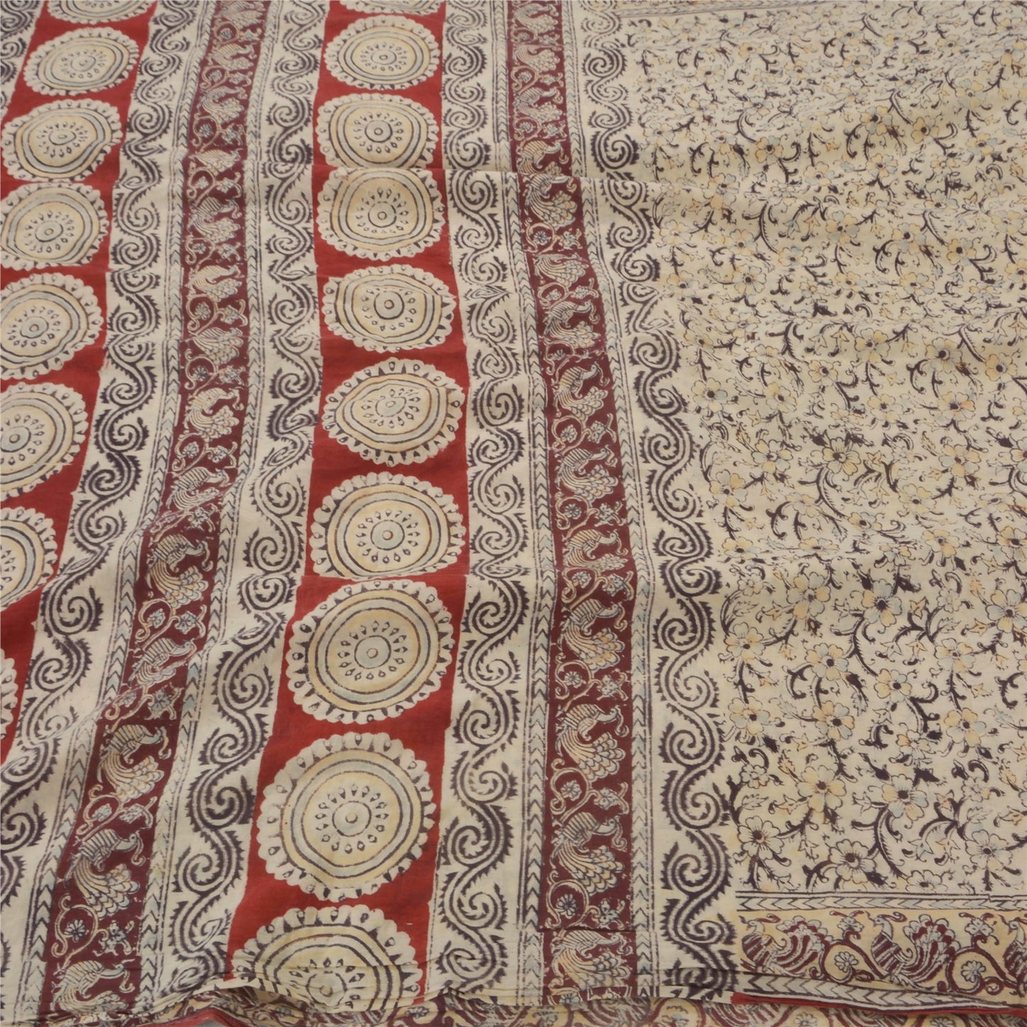 Sanskriti Vintage Kalamkari Block Print Heavy Saree 100% Pure Cotton Cream Sari