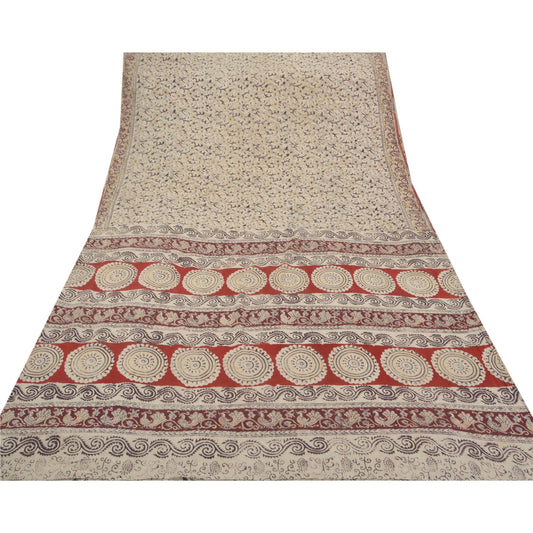 Sanskriti Vintage Kalamkari Block Print Heavy Saree 100% Pure Cotton Cream Sari