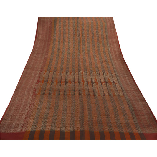 Sanskriti Vintage Heavy Saree Woven Satin Silk Sustainable Fabric Brocade 5Yd Brown Sari