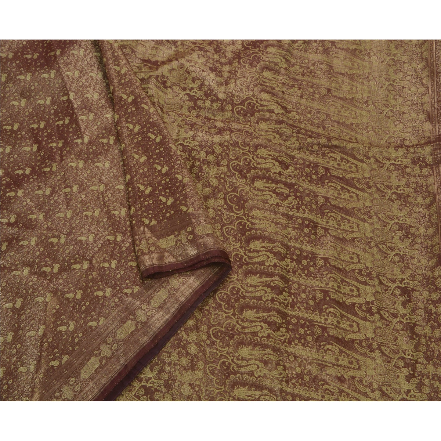 Sanskriti Vintage Heavy Saree Woven 100% Pure Satin Silk Sustainable Fabric Brown 5Yd Sari