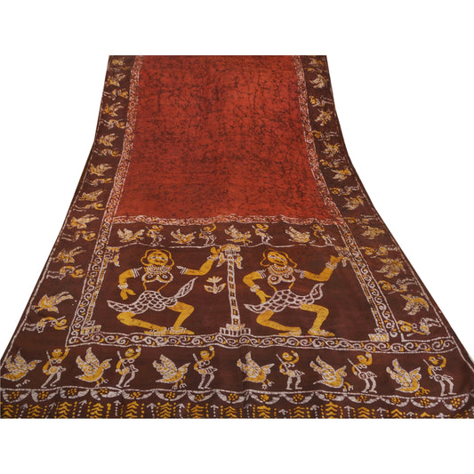 Sanskriti Vintage Heavy Saree 100% Pure Silk Batik Work Brown Craft Sari