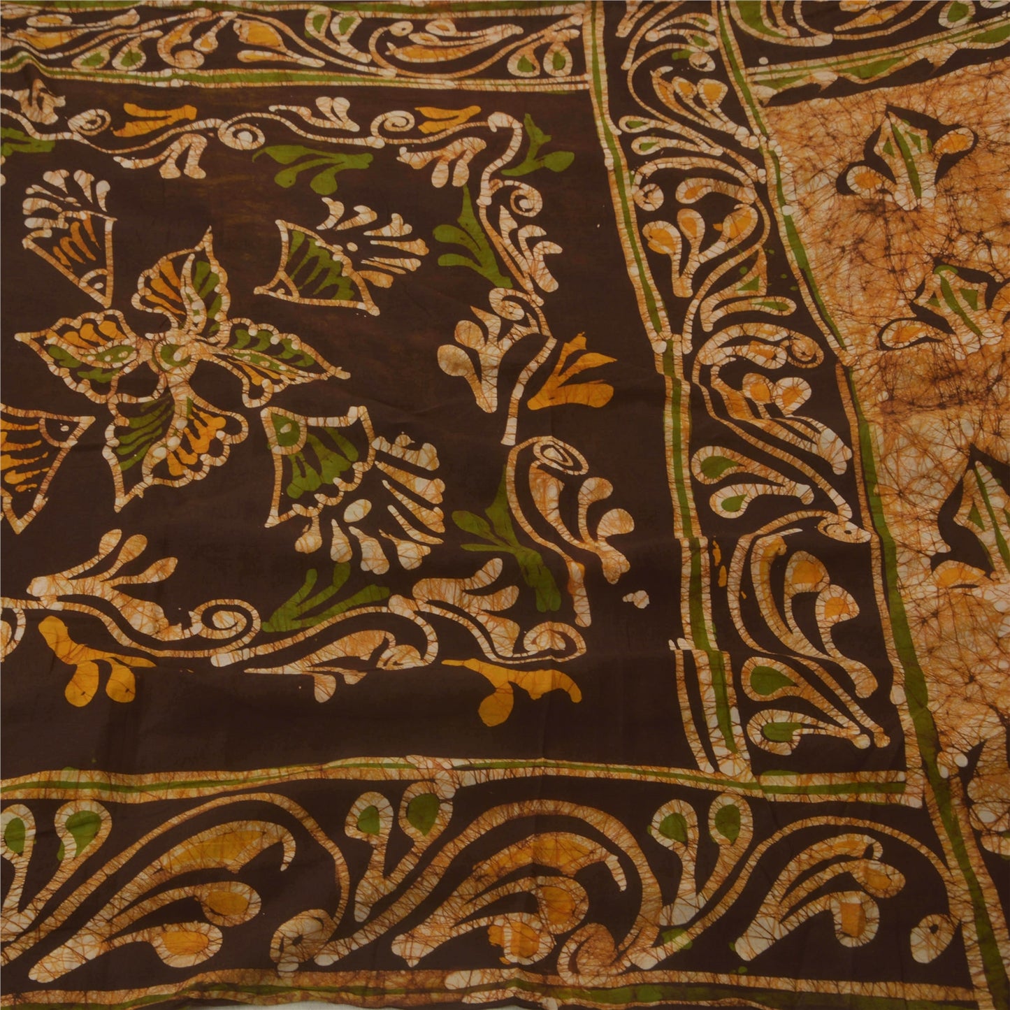 Sanskriti Vintage Heavy Saree 100% Pure Cotton Batik Work Brown Craft 5 Yd Sari