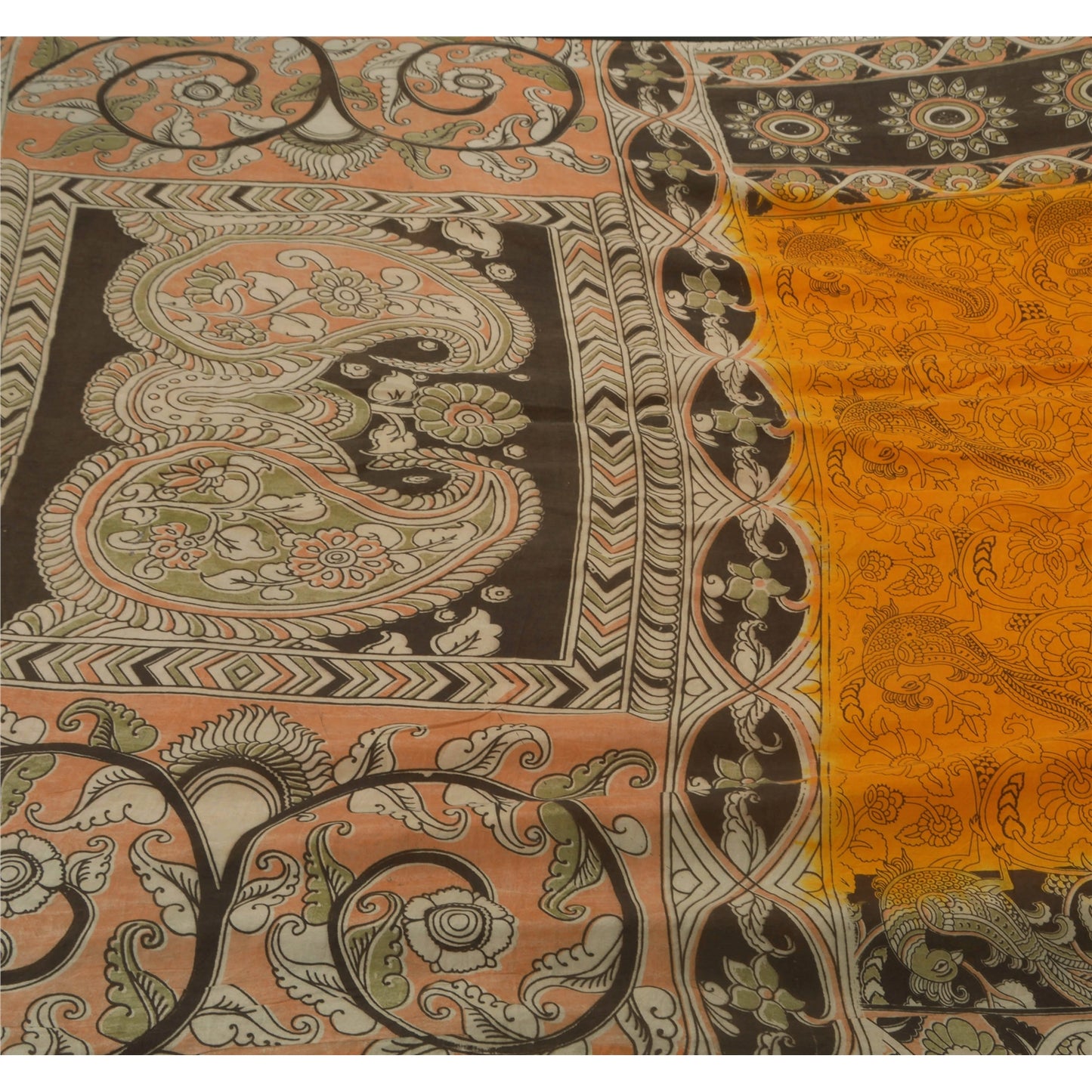 Sanskriti Vintage Heavy Saree Pure Cotton Kalamkari Printed Yellow Premium Sari