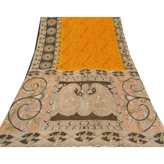 Sanskriti Vintage Heavy Saree Pure Cotton Kalamkari Printed Yellow Premium Sari