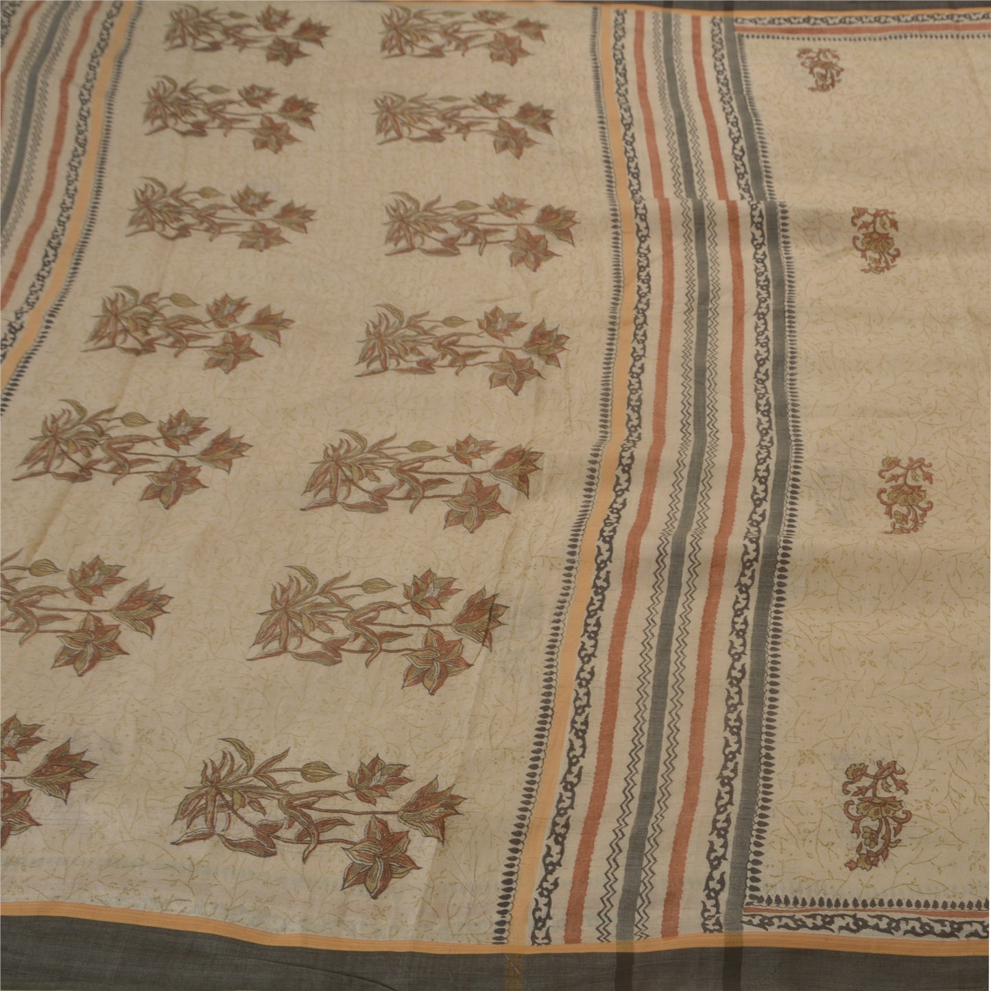 Sanskriti Vintage Cream Heavy Saree Pure Woolen Silk Printed Sustainable Fabric Craft Sari