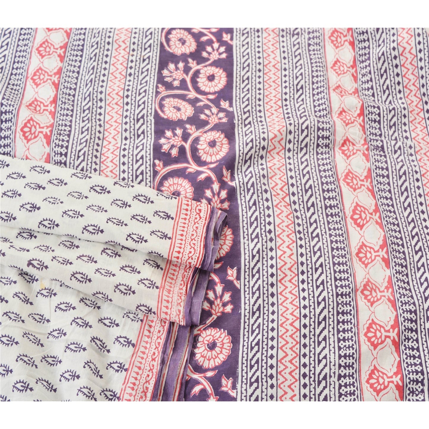 Sanskriti Vintage White Heavy Sarees Pure Cotton Soft Sustainable Fabric Block Print Sari