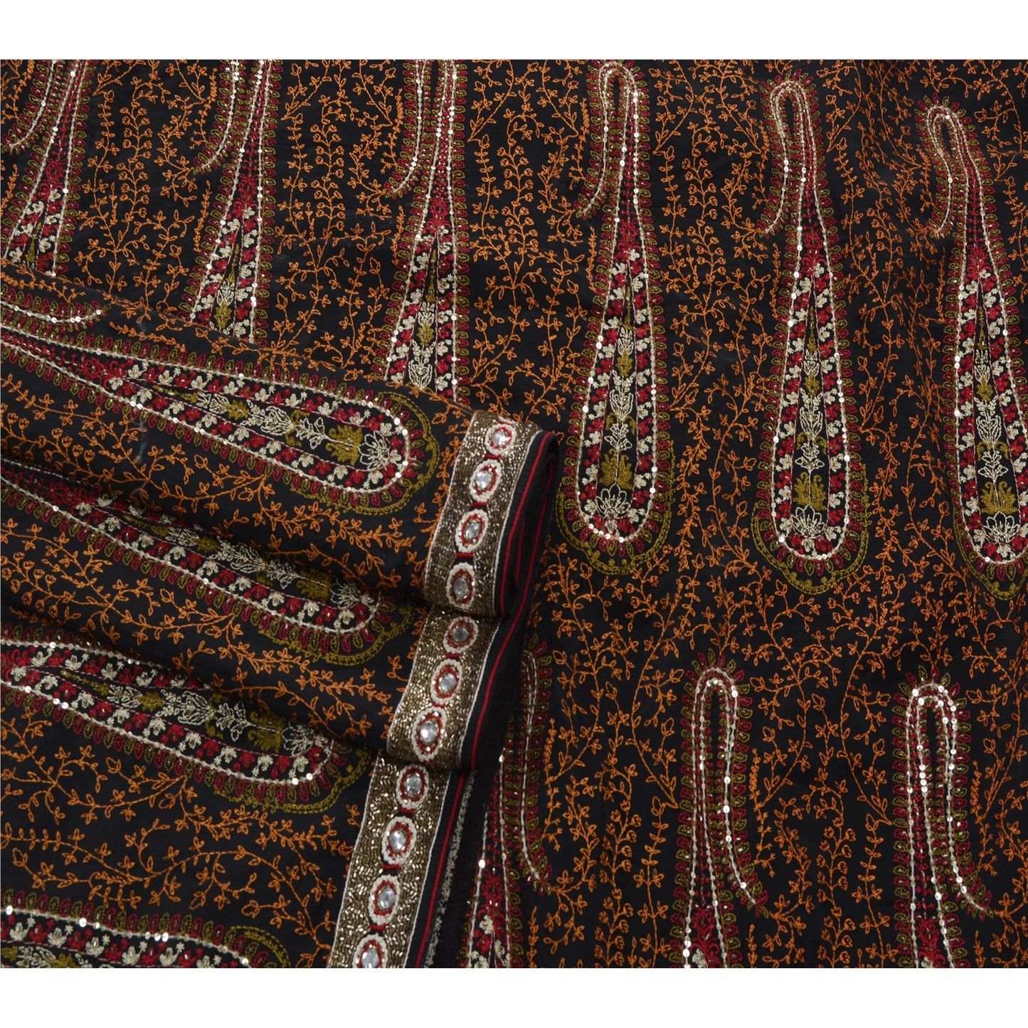 Санскрити Винтаж Черный Тяжелое Сари Чистый Креп Шелк Ручной Бисер Экологичная Ткань Этническое Сари