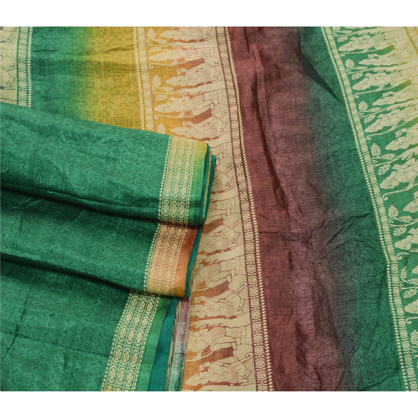 Sanskriti Vintage Green Heavy Saree Pure Silk Craft Sustainable Fabric Woven Baluchari Sari