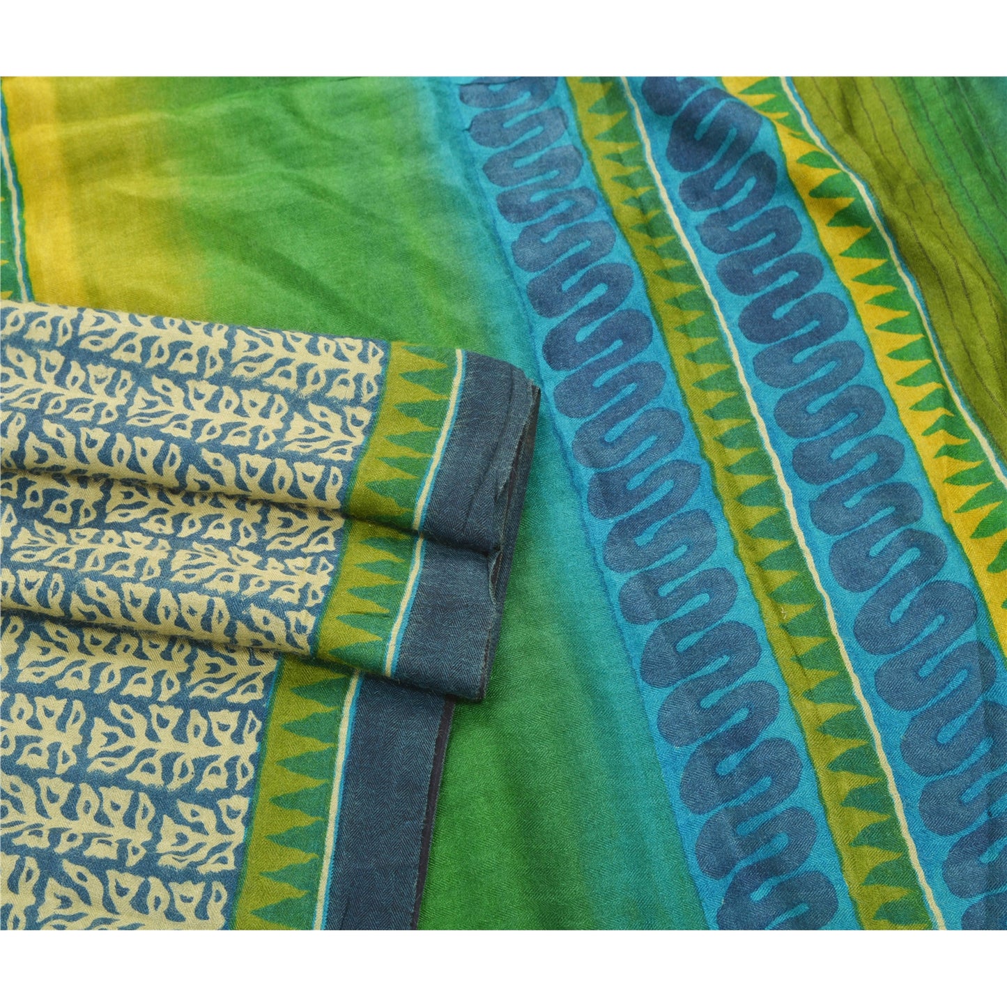 Sanskriti Vintage Blue Heavy Saree Printed 100% Pure Woolen Sustainable Fabric Woven Sari
