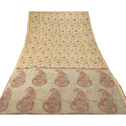 Sanskriti Vintage Cream Heavy Saree Printed 100% Pure Silk Sustainable Fabric Woven Sari