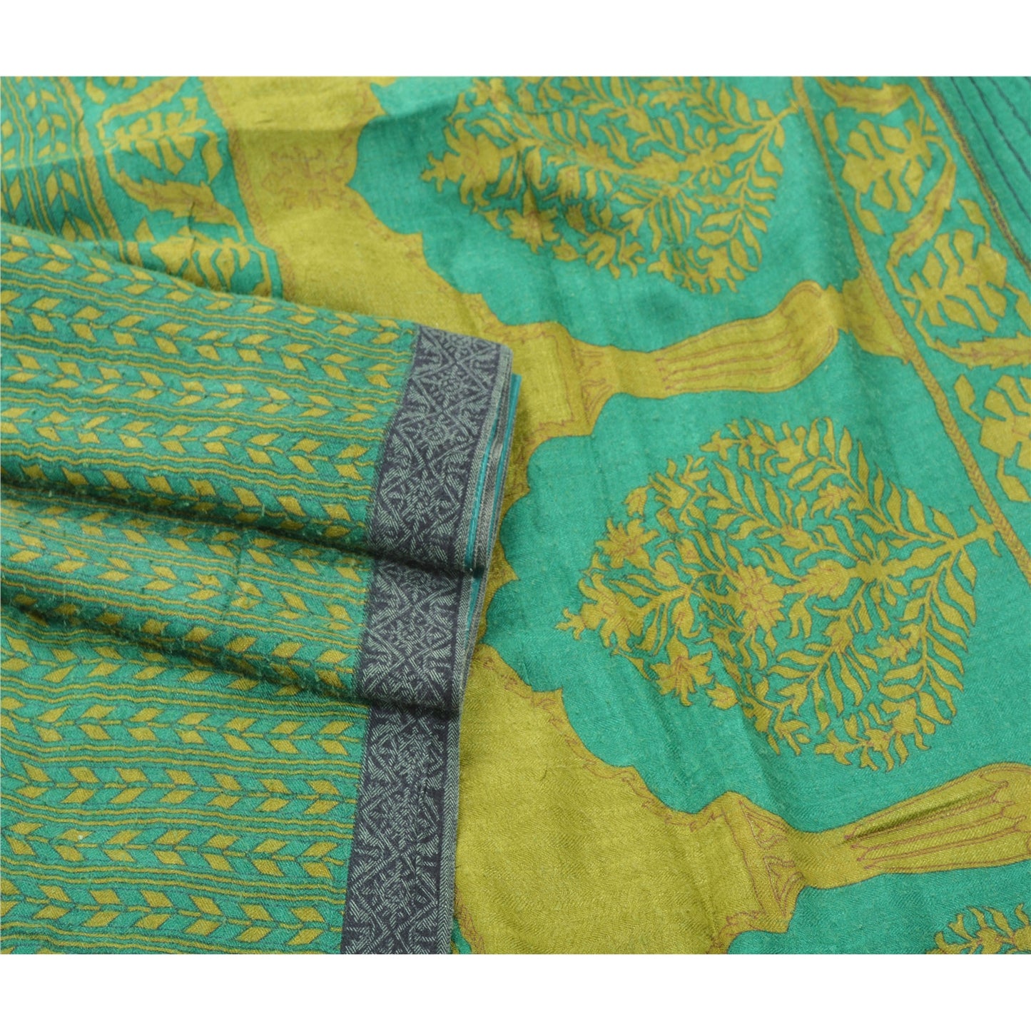 Sanskriti Vintage Green Heavy Saree Printed 100% Pure Woolen Sustainable Fabric Woven Sari