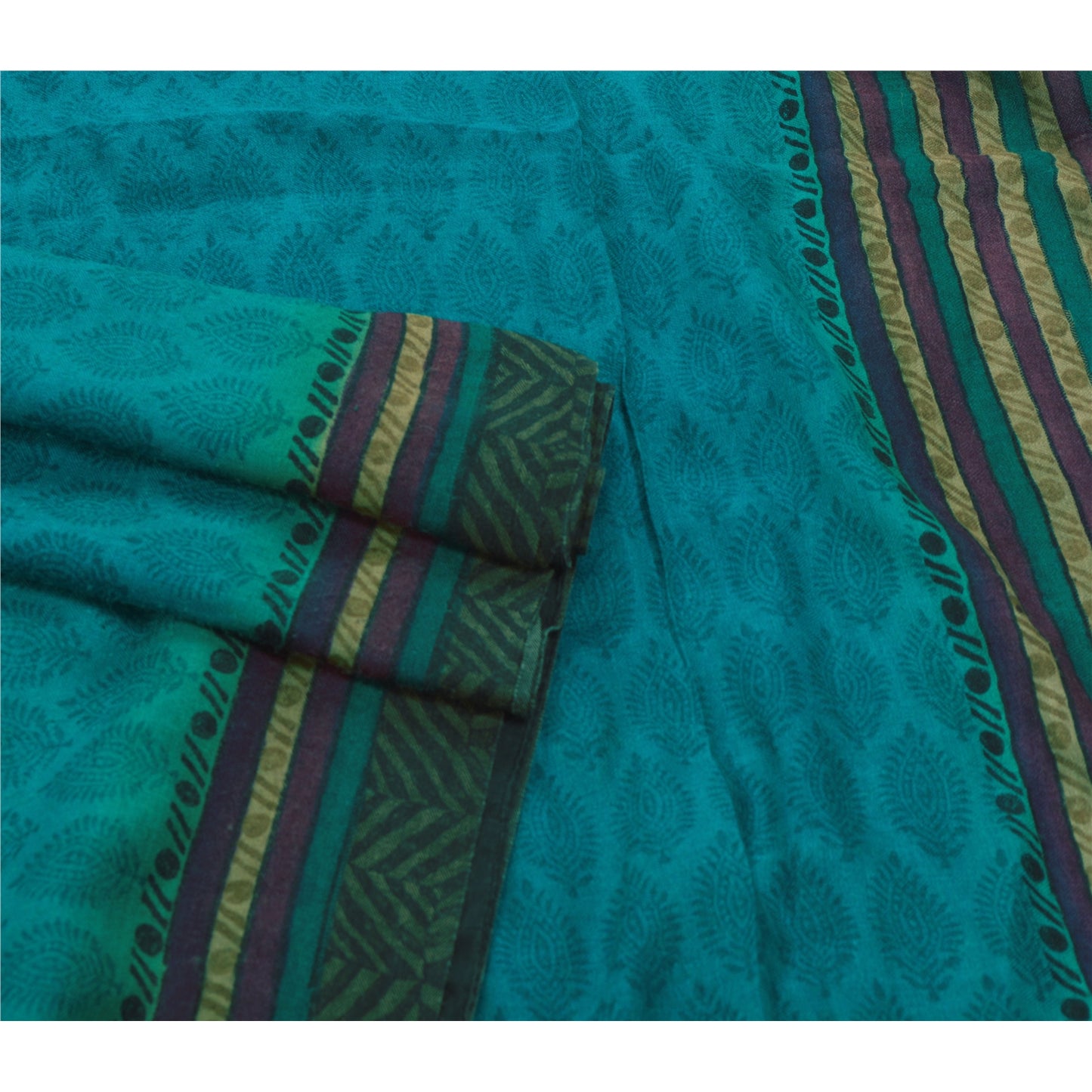 Sanskriti Vintage Grøn Kraftig Sari Trykt 100% Ren Uld Bæredygtigt Stoff Vævet Sari